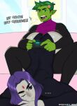  1boy 1girl 1girl ass ass_up beast_boy canon_couple cartoon_network dat_ass dc_comics dc_comics english_text forehead_jewel foxicube garfield_logan one_eye_closed purple_eyes purple_hair rachel_roth raven_(dc) teen_titans teen_titans_go text 