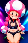  1girl aged_up ai_generated alternate_costume bike_shorts black_eyes blush breasts female_focus looking_at_viewer mario_(series) mushroom_girl navel nintendo novelai pink_hair sitting smile teeth_clenched toadette twin_braids 