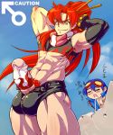 1boy 1girl breasts comic condom drooling genderswap genderswap_(ftm) genderswap_(mtf) halterneck highres large_penis long_hair male_focus mars_symbol mikoyan multiple_boys muscle penis ponytail pubic_hair red_hair saliva scarf short_shorts shorts simon smile studded_bracelet tengen_toppa_gurren-lagann very_long_hair yoko_littner