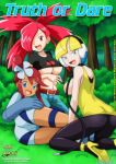  3_girls 3girls ass asuna_(pokemon) bbmbbf blue_eyes clothed comic cover_page elesa elesa_(pokemon) flannery hair_over_one_eye high_heels kamitsure_(pokemon) leggins looking_at_viewer nintendo outdoor outside palcomix pokemon pokepornlive red_eyes shorts sideboob skyla skyla_(pokemon) tagme truth_or_dare yellow_high_heels 