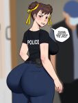 1girl 1girl ass ass back_view background_character big_ass big_ass big_breasts big_breasts brown_eyes brown_hair bubble_ass bubble_butt capcom chun-li coldarsenal curvy dat_ass fat_ass large_ass looking_at_viewer looking_back meme offscreen_character pants pov street_fighter t-shirt thicc_french_policewoman thick thick_thighs tight_pants voluptuous