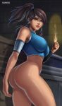  17:10 1girl big_breasts big_butt blue_shirt bottomless bottomless_female breasts dark-skinned_female dat_ass eskimo female_focus female_human female_only fire fire_manipulation flowerxl high_res inside korra patreon patreon_paid patreon_reward the_legend_of_korra the_legend_of_korra* watermark 