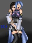 aqua_(kingdom_hearts) big_breasts blue_hair blush breasts final_fantasy final_fantasy_vii fingering highres kingdom_hearts thighhighs through_clothes tifa_lockhart yuri