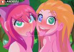 2_girls after_kiss annie_(league_of_legends) blush cat_ears green_eyes heart-shaped_pupils heterochromia landidzu league_of_legends long_hair looking_at_viewer open_mouth orange_hair pink_hair saliva saliva_trail short_hair smile tongue tongue_out yuri zoe_(league_of_legends)