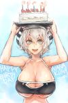 1girl birthday birthday_cake blue_eyes breasts cake cleavage female food fuguu-chan happy_birthday highres huge_breasts large_breasts on_head open_mouth original short_hair silver_hair solo sweat taishi_(artist) taishi_(picchiridou) text underboob