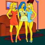 3girls aged_up lisa_simpson maggie_simpson marge_simpson multiple_girls pearls the_simpsons yellow_skin