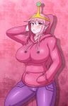 big_breasts blush breasts curvy denim dr.bug hood hoodie huge_breasts impossible_clothes impossible_shirt jeans long_hair pants pink_eyes pink_hair ponytail princess_bonnibel_bubblegum princess_bubblegum shirt simple_background skin_tight smile solo tiara