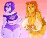 1girl 2_girls ass big_ass big_breasts booty_shorts bottom_heavy breasts cleavage dc_comics fat_ass female_focus female_only fully_clothed goth grey_skin hands_on_thighs happy huge_ass huge_breasts massive_breasts mb_ota orange_hair orange_skin ota_(artist) purple_hair raven_(dc) short_shorts shorts smile starfire teen_titans thick_ass thick_thighs top_heavy wide_hips