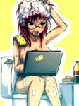  1girl bath black_eyes cola computer doughnut english food glasses highres laptop manyakis mike_inel mouth_hold multitasking nifoc nude original red_hair shampoo sitting soda solo sponge toilet 