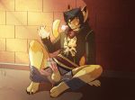 1girl after_masturbation anthro balls clothed clothing cum cum_on_clothing cum_on_hand cum_on_penis cum_on_self erection felid feline furry hoodie humanoid_penis male mammal munks_(artist) pants_down partially_clothed penis smile spread_legs spreading underwear