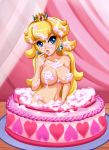 1_girl 1girl birthday blonde_hair blue_eyes blush breasts cake crown earrings female food highres jewelry navel nintendo open_mouth princess_peach princess_rosalina sigurd_hosenfeld sigurdhosenfeld solo super_mario_bros.