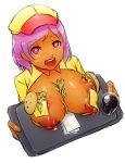 1girl between_breasts bread breast_rest breasts breasts_outside cheese cleavage dark_skin drink employee_uniform fast_food_uniform food food_on_body french_fries fries glass hamburger hamburger_bun hat huge_breasts huge_nipples ketchup lettuce manyakis mike_inel napkin nipples open_mouth original pink_eyes puffy_nipples purple_eyes purple_hair red_eyes short_hair smile soda solo tray uniform