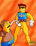 barney_gumble blonde_hair brown_hair cumming duffman gay male_only the_simpsons yaoi yellow_skin