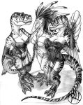 2014 3_toes 3girls allosaurid allosaurus anthro anthrosaurs archaeopteryx black_panties breasts claws clothing corset dinosaur fangs feathers feet female full-length_portrait graphite_(artwork) group hand_on_hip hi_res lace legwear lingerie looking_at_viewer monochrome multiple_girls navel nightgown non-mammal_breasts panties pencil_(artwork) portrait predaguy reptile scalie smile stockings stripes theropod toe_claws toes topwear traditional_media_(artwork) tyrannosaurid tyrannosaurus tyrannosaurus_rex underwear