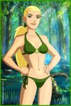  1girl artemis artemis_crock bikini blonde blonde_hair blue_eyes cartoongirls_(artist) green_bikini ponytail swimsuit young_justice 