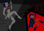  anklet blue_eyes bra bracelet closed_eyes cowledman dc_comics femsub grey_skin jewelry lipstick panties pole_dancing puppet puppet_king raven_(dc) short_hair superhero tears teen_titans underwear voodoo_doll western 