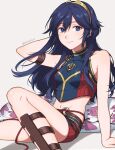 1girl 1girl alluring armband bare_shoulders blue_eyes blue_hair body_markings breasts dark_blue_hair family_crest feet_out_of_frame fire_emblem fire_emblem_awakening fire_emblem_cipher floral_print high_res knees_up long_hair looking_at_viewer lucina lucina_(fire_emblem) midriff navel nintendo o-ring o-ring_bottom official_alternate_costume peach11_01 sitting small_breasts smile surfboard swimsuit tiara watermark