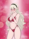 1girl alluring alternate_costume athletic_female bikini blush breasts cleavage corrin_(fire_emblem) corrin_(fire_emblem)_(female) female_abs fire_emblem fire_emblem_fates fit_female hair_between_eyes heavy_blush long_hair malegardev0ir medium_breasts nintendo pink_background pink_eyes pointy_ears purple_eyes red_bikini red_swimsuit swimsuit very_long_hair violet_eyes