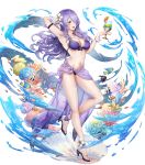 1girl 1girl alluring armpits big_breasts bikini bracelet breasts camilla_(fire_emblem) camilla_(summer)_(fire_emblem) cleavage clownfish cup drinking_glass feet female_focus fire_emblem fire_emblem_fates fire_emblem_heroes fish flower food fruit full_body hair_flower hair_ornament hair_over_one_eye high_heels high_res holding jewelry long_hair matching_hair/eyes nail_polish navel nintendo official_art open_mouth purple_eyes purple_hair purple_nails sandals sarong sideboob smile swimsuit toenail_polish toenails toes transparent_background