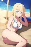 1girl alice_schuberg alluring bare_legs beach bikini blonde_hair blue_eyes cleavage ocean sword_art_online x1101