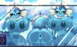  3girls anthro ass_on_glass big_breasts blue_skin breasts_on_glass dat_ass huge_ass huge_breasts nintendo nipples nude pokemon prophetpack pussy_on_glass sign vaporeon 