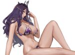 1girl 1girl alluring alternate_costume big_breasts bikini breasts camilla_(fire_emblem) cleavage closed_mouth crown female_focus fire_emblem fire_emblem_fates fire_emblem_heroes j@ck legs long_hair looking_at_viewer navel nintendo purple_bikini purple_hair simple_background sitting smile swimsuit thighs tiara white_background