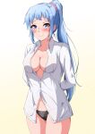  1girl 1girl alluring arms_behind_back big_breasts black_panties blue_eyes blue_hair blush breasts cleavage closed_mouth collarbone collared_shirt commentary_request cowboy_shot dress_shirt gradient_background hair_ornament hair_scrunchie high_res kawasaki_saki konoyan long_hair long_sleeves looking_at_viewer mole mole_under_eye no_bra panties partially_unbuttoned pink_scrunchie ponytail purple_eyes scrunchie shirt smile standing underwear white_background white_shirt yahari_ore_no_seishun_lovecome_wa_machigatteiru. yellow_background 