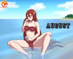  1girl alluring barefoot beach bikini breasts cleavage cordelia_(fire_emblem) fire_emblem fire_emblem_awakening frilled_bikini frills hair_ornament high_res long_hair navel nintendo ocean red_bikini red_eyes red_hair reit sand sitting sitting_on_water sky swimsuit tree very_long_hair water wing_hair_ornament 