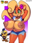 1girl accessory activision alternate_breast_size anthro areola arms_behind_head artist_name bandicoot big_breasts blonde_hair breasts clothed clothing coco_bandicoot countershade_face countershade_torso countershading crash_(series) crash_bandicoot_(series) dongitos exposed exposed_breasts female_focus fishnet_legwear fishnet_stockings fishnets flower flower_in_hair furry gigantic_breasts green_eyes hair hair_accessory hair_ornament hands_behind_head huge_breasts legwear long_hair mammal marsupial multicolored_body multicolored_face multicolored_skin navel neo_cortex nervous_smile nipples no_bra open-mouth_smile open_mouth open_smile orange_body orange_skin portrait presenting presenting_breasts sexy sexy_body sexy_breasts shirt short_shorts shorts simple_background smile solo_focus standing stockings sweat tan_body tan_countershading tan_skin thick_thighs thighs three-quarter_portrait top_heavy two_tone_body two_tone_face two_tone_skin white_background wumpa_fruit