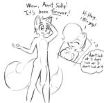 alluring anthro breasts canine chipmunk cleavage closed_eyes dialogue english_text exposed female flaccid fox long_penis male miles_"tails"_prower monochrome norithics nude penis sally_acorn sega sonic sonic_(series) testicles text