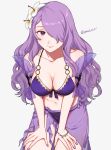 1girl alluring alternate_costume big_breasts bikini breasts camilla_(fire_emblem) camilla_(summer)_(fire_emblem) cleavage closed_mouth collarbone commentary_request fingernails fire_emblem fire_emblem_fates fire_emblem_heroes flower grey_background hair_flower hair_ornament hair_over_one_eye halterneck hibiscus high_res long_hair looking_at_viewer nail_polish navel nintendo o-ring o-ring_bikini official_alternate_costume one_eye_covered peach11_01 purple_bikini purple_eyes purple_hair purple_nails sarong see-through see-through_skirt simple_background skirt smile string_bikini swimsuit twitter_username wavy_hair wet white_flower