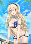  1girl 1girl 1girl akina_(akn_646) alluring alternate_costume black_hair_ornament black_hairband blue_sky breasts cleavage cloud corrin_(fire_emblem) corrin_(fire_emblem)_(female) corrin_(summer)_(fire_emblem)_(female) day fire_emblem fire_emblem_cipher fire_emblem_fates hairband high_resolution long_hair nintendo open_mouth outside pointed_ears red_eyes shimizu_akina sky source_request swimsuit twitter_username under_boob water white_bikini white_hair white_swimsuit 