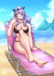 1girl 1girl akazai alluring barefoot big_breasts bikini blush breasts camilla_(fire_emblem) cleavage feet fire_emblem fire_emblem_fates fire_emblem_heroes hair_over_one_eye high_res nintendo sky swimsuit