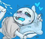 1boy 2d animated_skeleton artist_name blue_background blue_tongue bottom_sans crying crying_with_eyes_open fluids heart heart_eyes heki_(miss60250) implied_ejaculation implied_penetration implied_sex leg_up male monster monster_boy pillow pillow_grab sans sans_(undertale) simple_background skeleton solid_color_background solo_male submissive tears tongue uke_sans undead undertale undertale_(series) upper_body