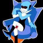 1_girl 1girl black_background black_boots blue_gloves boots dark_background deltarune deltarune_chapter_2 dominant_female female femdom gloves heart high_heel_boots queen_(deltarune) shrinkymini_(artist) sitting solo_female sweat thighs throne undertale_(series)