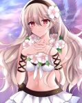 1girl alluring big_breasts bikini bikini_skirt blush breasts corrin_(female)_(summer)_(fire_emblem) corrin_(fire_emblem) corrin_(fire_emblem)_(female) fire_emblem fire_emblem_fates fire_emblem_heroes flower flower_neckwear hair_flower hair_ornament hairband kirishima_riona long_hair looking_at_viewer navel nintendo official_alternate_costume own_hands_clasped own_hands_together red_eyes silver_hair swimsuit white_bikini wristband