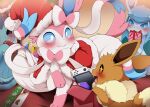  ambiguous_gender blue_body blue_eyes blush bodily_fluids christmas cute_fangs dagasi eevee eeveelution feral fur gen_1_pokemon gen_4_pokemon gen_6_pokemon gift glaceon group holidays nintendo nintendo_switch open_mouth pink_body pink_fur pokemon pokemon_(species) sweat sweatdrop sylveon vaporeon white_body white_fur 