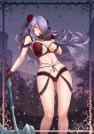  1girl adsouto alluring axe big_breasts breasts camilla_(fire_emblem) finger_to_mouth fire_emblem fire_emblem_fates gluteal_fold hair_over_one_eye high_res lingerie long_hair looking_at_viewer nintendo purple_hair thigh_gap underwear 