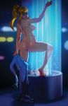 1girl ass barefoot blonde_hair blue_eyes bodysuit breasts dimples_of_venus feet long_hair looking_back looking_over_shoulder metroid nintendo nipples ponytail robert_porter samus_aran shower sideboob soles solo undressing zero_suit