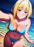 1girl alice_schuberg alluring beach big_breasts bikini blonde_hair blue_eyes cleavage joker_(artist) ocean sword_art_online