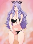 1girl 1girl alluring bare_arms bare_legs bare_shoulders big_breasts bikini black_bikini blush breasts camilla_(fire_emblem) cleavage cowboy_shot finger_to_mouth fire_emblem fire_emblem_fates hair_over_one_eye high_res legs long_hair looking_at_viewer navel nintendo purple_eyes purple_hair simple_background standing swimsuit thighs yuki_(12cut)