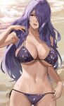 1girl 1girl alluring alternate_costume armpits bare_arms bare_shoulders big_breasts bikini breasts camilla_(fire_emblem) cleavage collarbone cowboy_shot day female_focus fire_emblem fire_emblem_fates hair_over_one_eye halterneck high_res j@ck long_hair looking_away looking_to_the_side midriff navel nintendo outside parted_lips purple_bikini purple_eyes purple_hair side-tie_bikini_bottom skindentation smile stomach string_bikini swimsuit under_boob very_long_hair wet