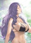 1girl 1girl alluring backlighting big_breasts bikini black_bikini breasts camilla_(fire_emblem) cleavage closed_eyes day female_focus fire_emblem fire_emblem_fates fire_emblem_heroes intelligent_systems j@ck long_hair navel nintendo outside parted_lips purple_hair sideboob skindentation stomach string_bikini swimsuit under_boob very_long_hair water