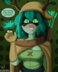  1girl adventure_time alcasar-reich angry arrows big_breasts blush breasts brown_gloves cleavage dialogue female_only gloves green_eyes green_hair green_skin hand_up hat huntress_wizard mask slit_pupils solo_female teeth tunic 