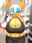 1girl 1girl 1girl 2023 3:4 5_fingers anthro bat bedroom_eyes big_breasts black_bottomwear black_clothing black_eyelashes black_nose black_topwear blue_eyeshadow blurred_background bottomwear bra breasts cameltoe cellphone cleavage clothed clothing digital_media_(artwork) eyelashes eyeshadow fangs fingers front_view fur gloves green_eyes gym gym_bottomwear gym_clothing half-closed_eyes handwear high_res holding_cellphone holding_object holding_phone holding_smartphone huge_breasts looking_at_viewer makeup mammal multicolored_body multicolored_clothing multicolored_gloves multicolored_handwear multicolored_topwear narrowed_eyes navel navel_piercing phone piercing pink_clothing pink_gloves pink_handwear pink_tongue pupils rouge_the_bat seductive sega selfpic smartphone smile sonic_the_hedgehog_(series) sports_bra standing tan_body tan_inner_ear teeth thigh_gap tongue tongue_out tongue_piercing topwear underwear white_body white_clothing white_ears white_fur white_gloves white_handwear white_topwear wide_hips wozzu1