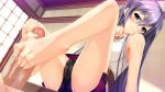 1boy 1girl barefoot black_panties blush feet female footjob game_cg indoors koiiro_marriage marmalade marmalade_(company) murakami_suigun panties penis precum purple_eyes purple_hair pussy pussy_juice pussy_juice_stain spread_legs takamiya_kuon toes uncensored underwear upskirt