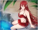  1girl alluring bare_shoulders bikini bikini_skirt blush breasts cleavage commentary cordelia_(fire_emblem) cordelia_(summer)_(fire_emblem) fire_emblem fire_emblem_awakening frills hair_ornament high_res long_hair looking_at_viewer medium_breasts nintendo palm_tree red_bikini red_eyes red_hair sitting smile swimsuit thank_you tree tusia very_long_hair water 