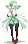  1girl big_ass big_breasts bikini black_thigh_highs cute gardevoir green_hair green_skin kdtwifi platform_shoes posing seductive white_dress white_skin 