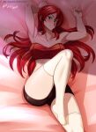 1girl 1girl absurd_res alluring armpits artist_name bare_shoulders big_breasts bike_shorts blush breasts cleavage collarbone feet_out_of_frame green_eyes hair_between_eyes high_res hocen long_hair looking_at_viewer lying on_back on_bed patreon_username pyrrha_nikos red_hair rwby short_sleeves sleeveless smile stockings strapless teeth tube_top vilde_loh_hocen watermark web_address white_thighhighs