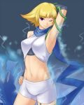  1girl alluring blonde_hair electric_scarf kid_icarus kid_icarus_uprising mafen midriff nintendo phosphora posing purple_eyes shorts top wink 